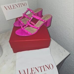 Valentino Rock Stud Embellished Leather Sandals-Fuschia/Pink